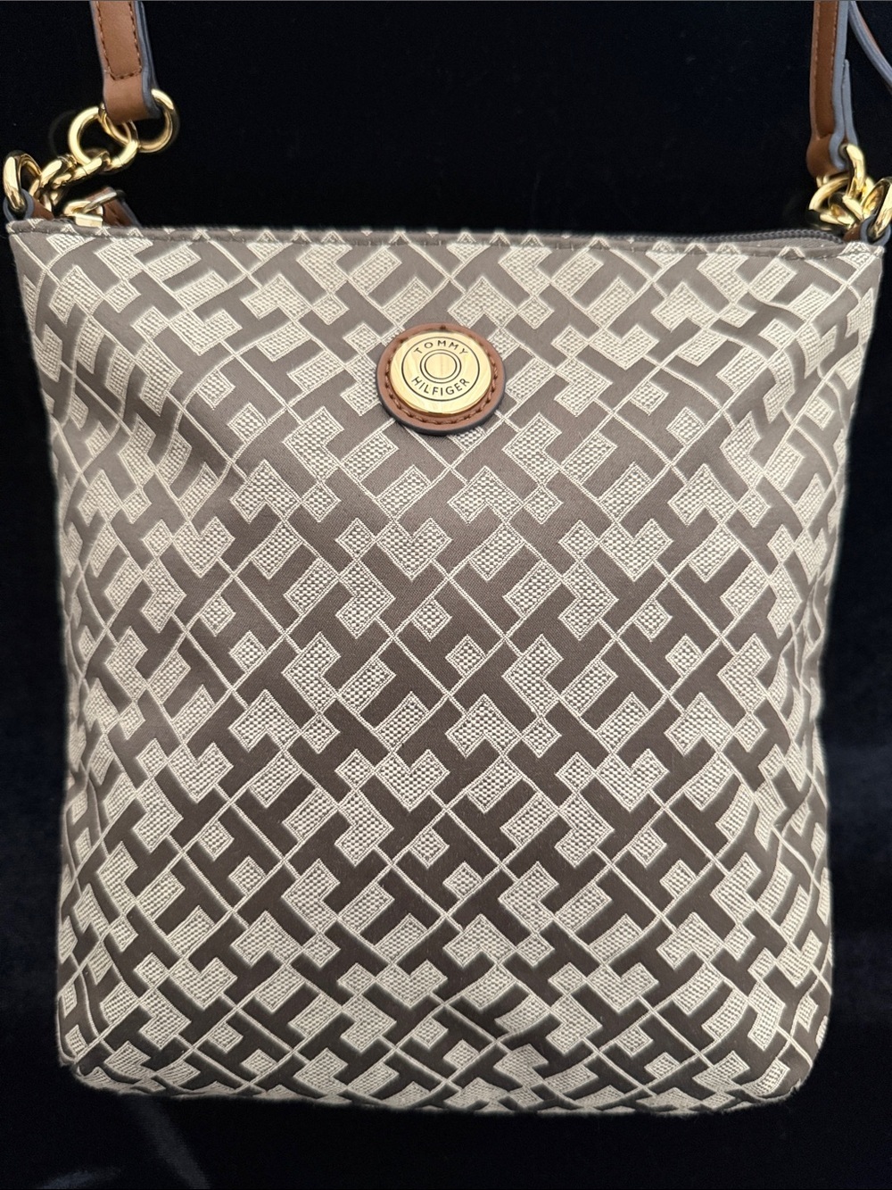 Tommy Hilfiger Beige & Brown Signature Canvas Crossbody Bag